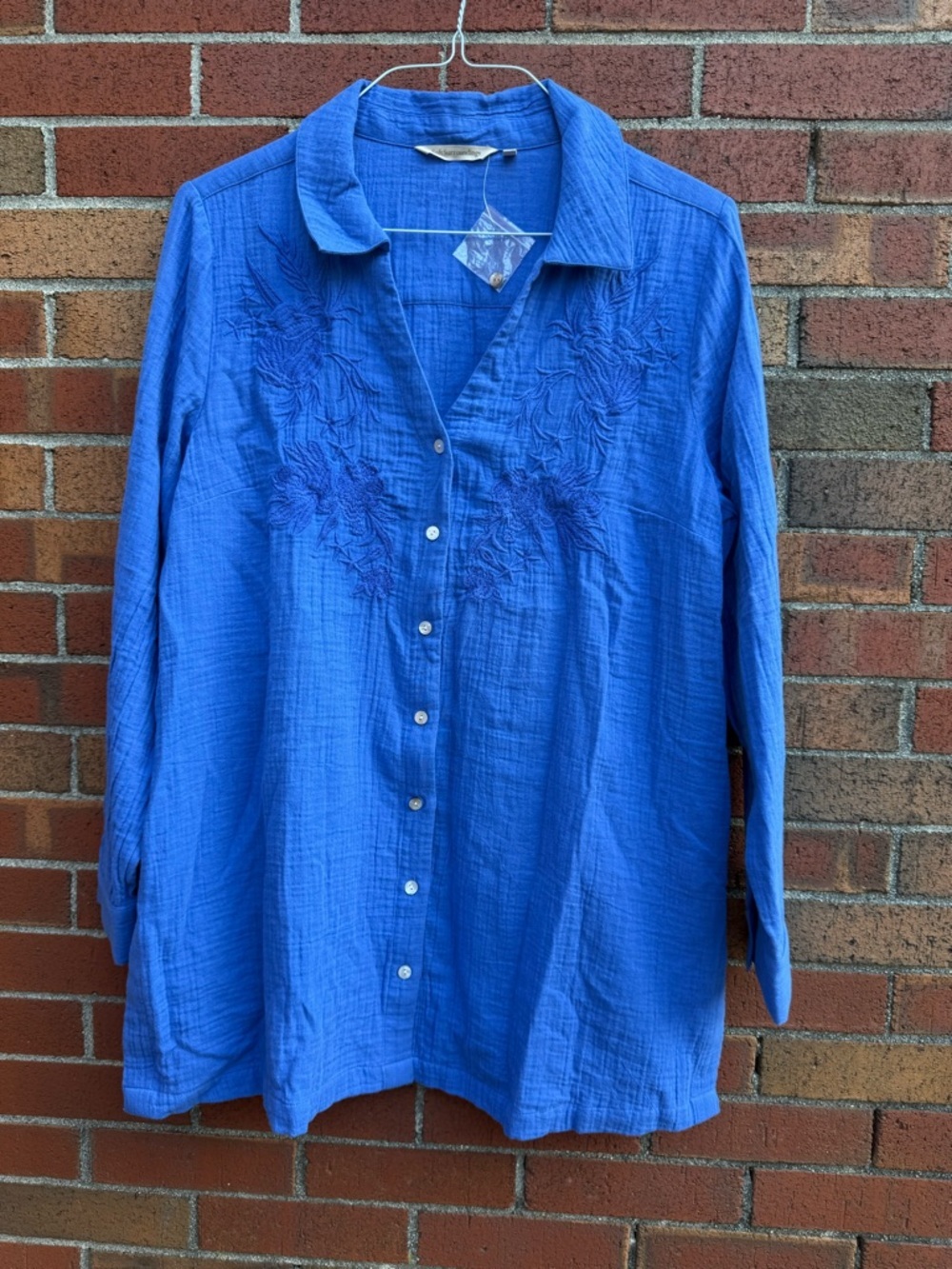 Soft Surroundings Embroidered Gauze Cotton Button Front Tunic Top Boho Coastal